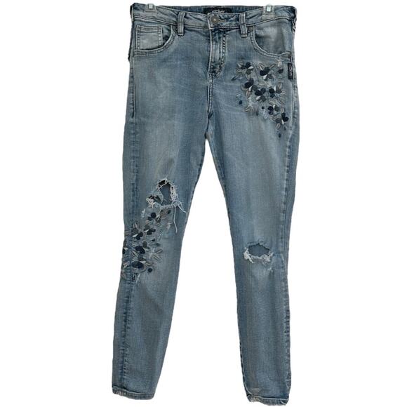 Silver Jeans Co. Izzy Ankle Skinny Floral Embroidery  W 27 L27 Distressed 6 - Picture 1 of 12